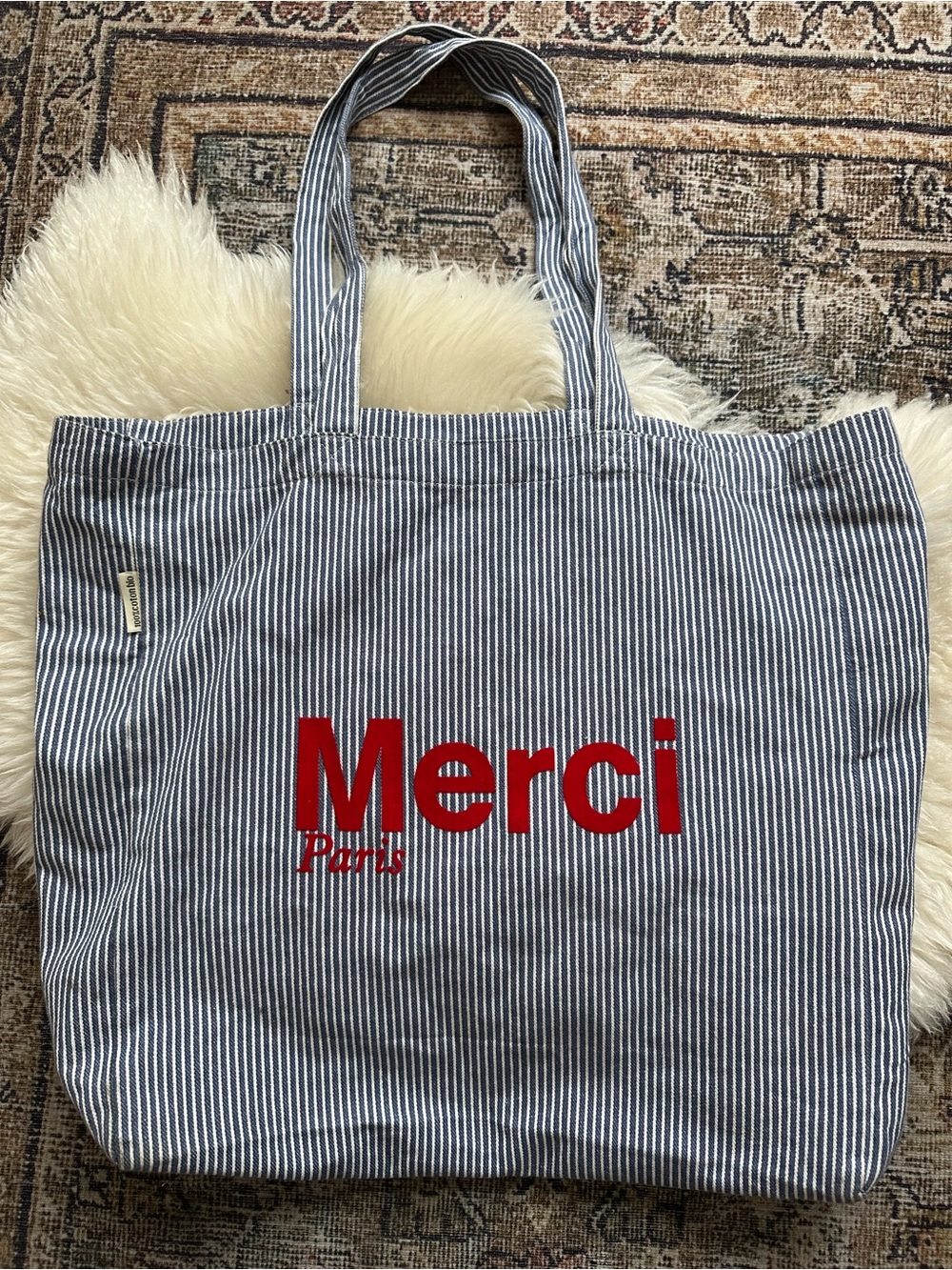 Merci Paris 100% Organic Cotton Canvas Tote Bag Engineer Stripes Blue White Red